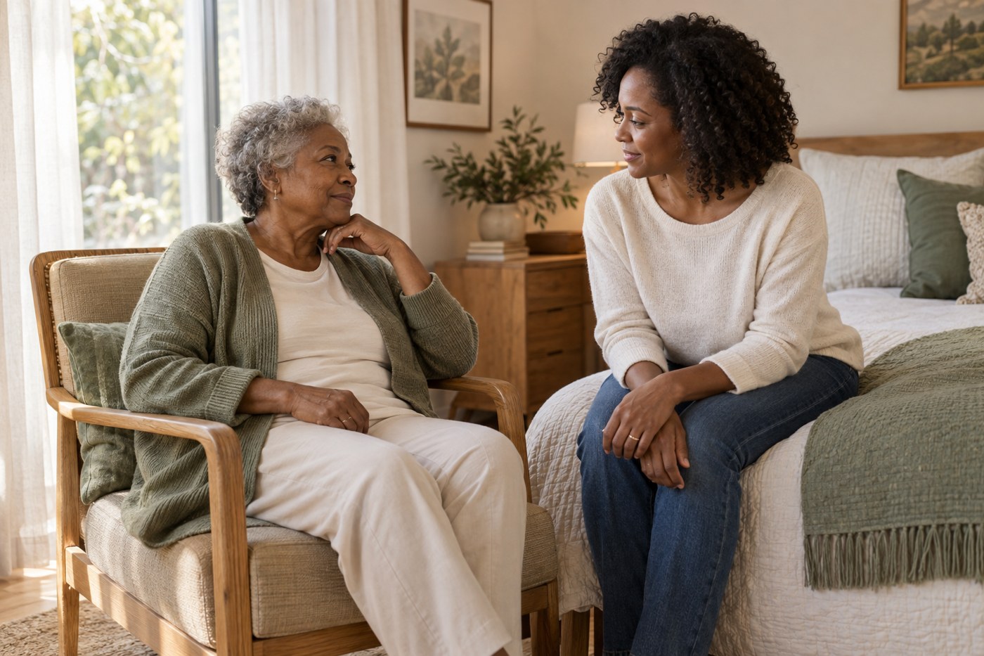 Illustrative home scene of two generations sharing a quiet conversation.